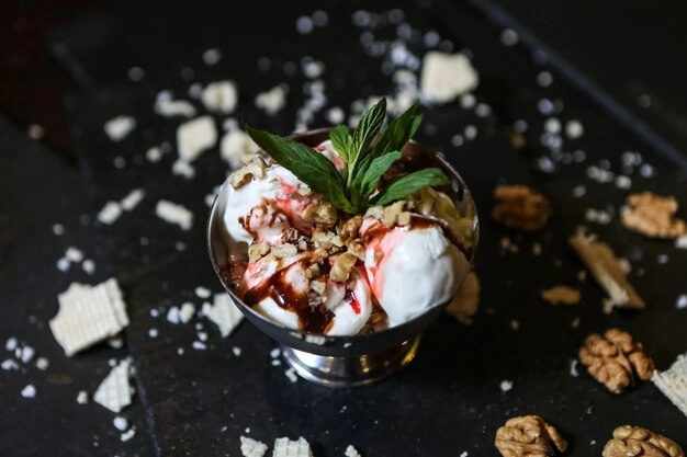 Ice cream dessert in a metal bowl, a popular sweet treat in Seminyak, Bali