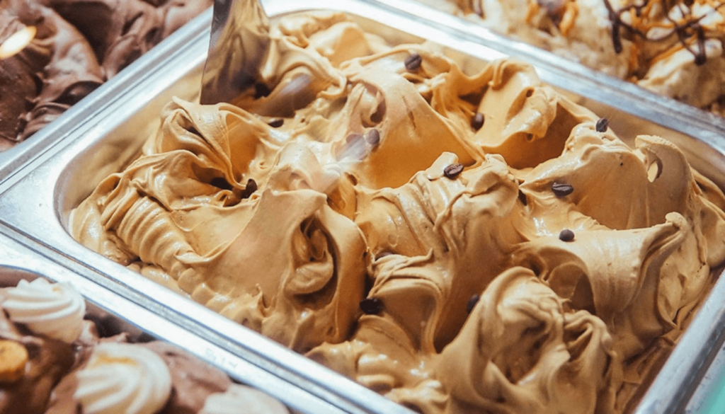 Close-up of coffee gelato in metal tub in Seminyak