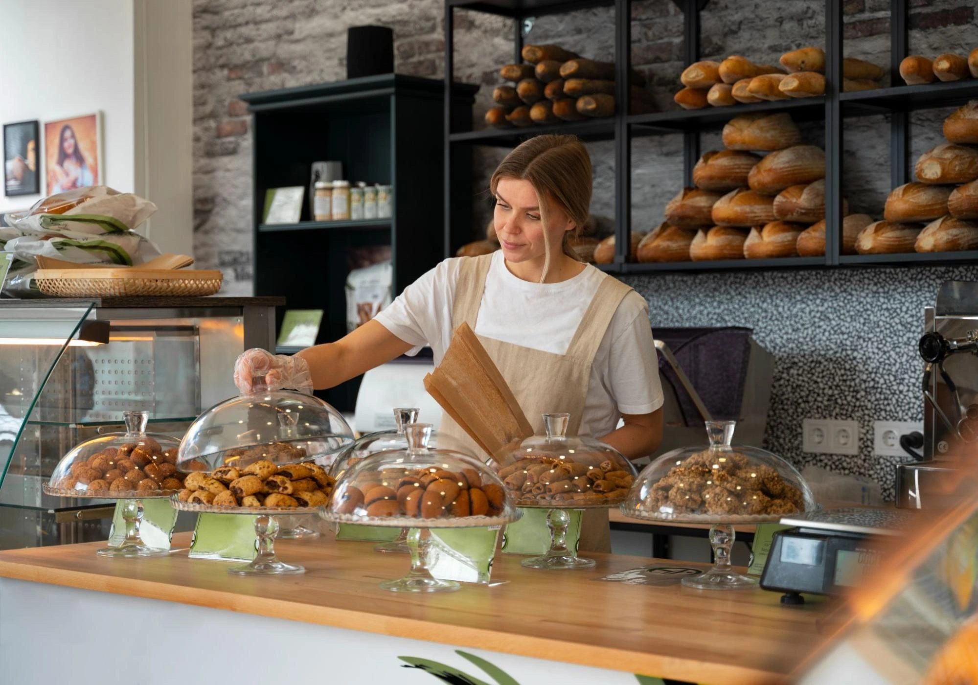 Bakery worker arranging cookies behind a counter